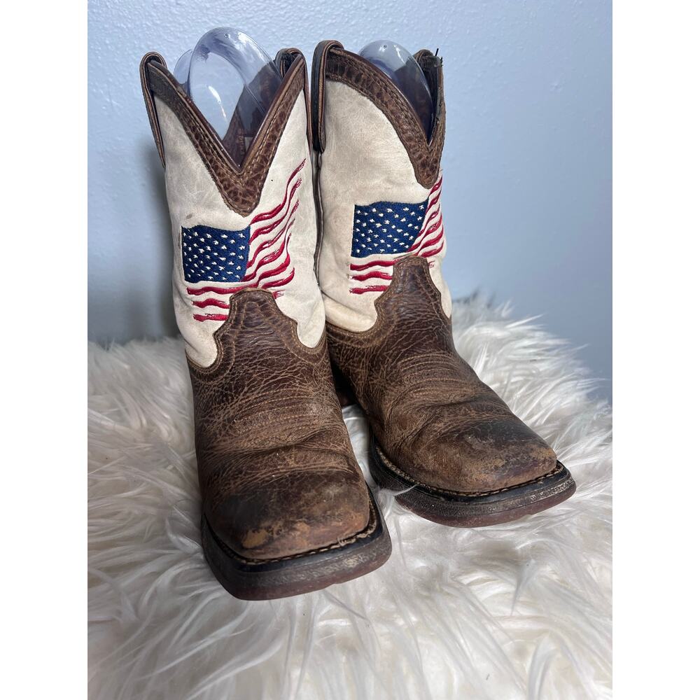 Durango Lil Rebel 8” Patriotic Flag Kids Western Boots 2M Brown USA Rodeo Cowboy